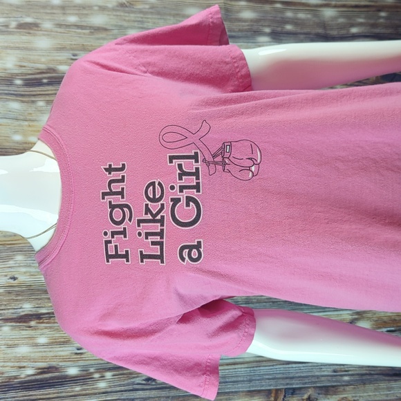 Gildan Fight Like a Girl sz M Pink Tee with Breast Cancer Ribbon & Boxing Gloves - Picture 2 of 4